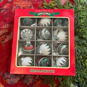 Shiny Brite Lot of 12 Glass Christmas Ornaments Clear Tinsel Glitter Ball Stripe